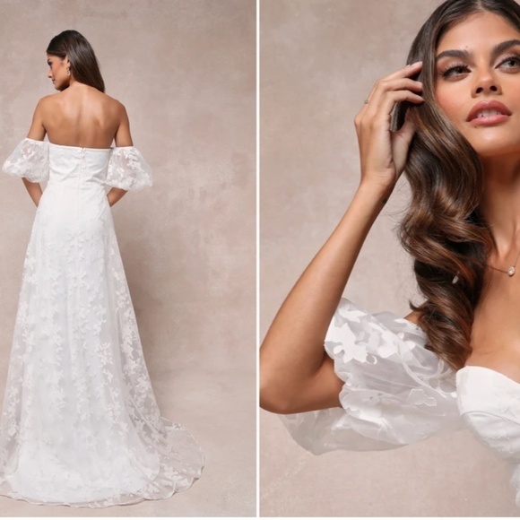 LULU's Sexy Bridal Wedding Floral Burnout Off the Shoulder Boho Flowy Gown - Picture 3 of 4